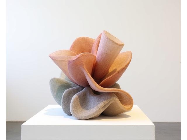 Sculpture en fibres naturelles et teintes à la main, exposée dans une galerie
