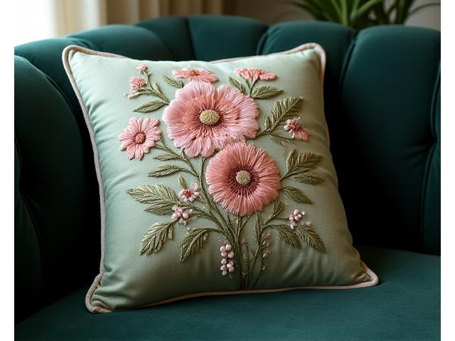 Coussin décoratif avec broderie florale détaillée en fil de soie pour un canapé