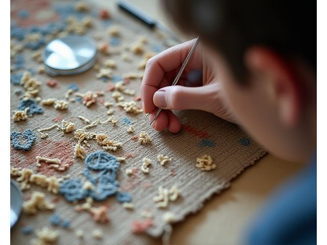 Restauration de textiles historiques, une experte travaillant méticuleusement sur une tapisserie ancienne très fragmentée
